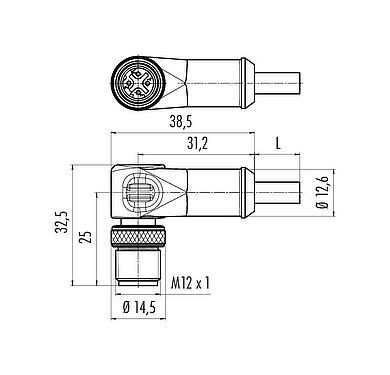 Scale drawing M12 Male angled connector, Contacts: 4, shielded, moulded on the cable, IP67, Ethernet CAT5e, TPE, black, 2 x 2 x AWG 24, 2 m