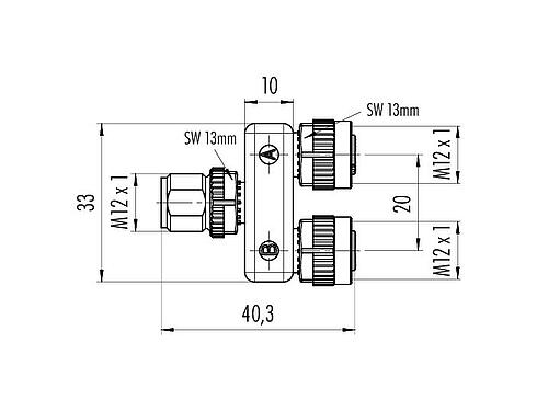 Scale drawing M12 Twin distributors Y-distributor, male connector - 2 female connector, Contacts: 8, unshielded, pluggable, IP68, UL 2238