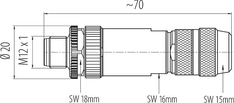 Scale drawing M12 Male cable connector, Contacts: 5, 8.0-9.0 mm, shieldable, wire clamp, IP67, iris spring
