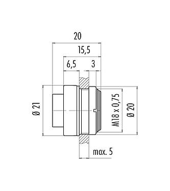 Scale drawing Bayonet Male panel mount connector, Contacts: 3, unshielded, solder, IP40, M18x0,75, Front mounting