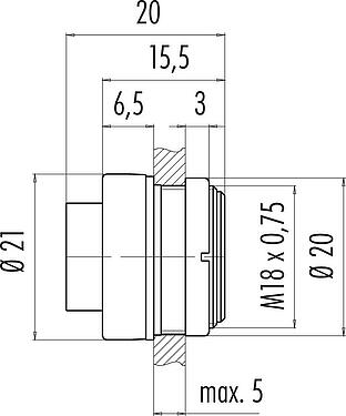Scale drawing Bayonet Male panel mount connector, Contacts: 2, unshielded, solder, IP40, M18x0,75, Front mounting