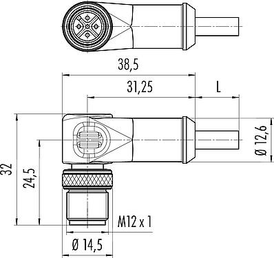 Dibujo a escala M12 Conector macho en ángulo, Número de contactos: 8, blindado, moldeado en el cable, IP67, Ethernet CAT5e, TPE, azul/verde, 4 x 2 x AWG 24, 2 m