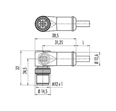 Scale drawing M12 Male angled connector, Contacts: 8, shielded, moulded on the cable, IP67, Ethernet CAT5e, TPE, black, 4 x 2 x AWG 24, 5 m