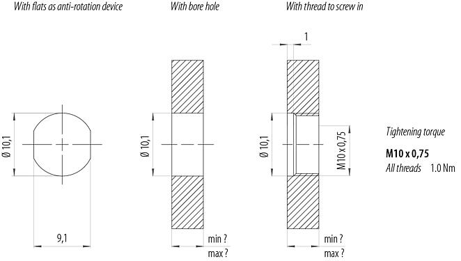 Assembly instructions / Panel cut-out M8 Female panel mount connector, Contacts: 3, solder, IP67/IP69K, M10x0.75, Front mounting, with solder cups