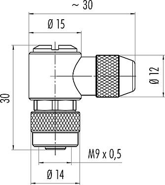 Dessin coté M9 Connecteur femelle coudé, Contacts: 4, 3,5-5,0 mm, blindable, souder, IP67