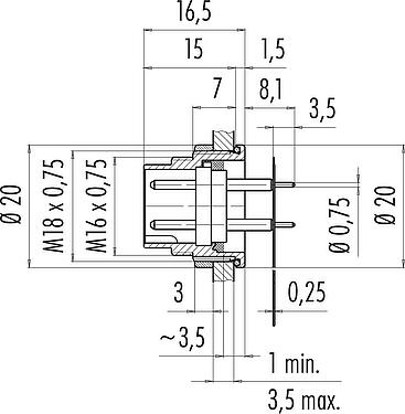 Scale drawing M16 Male panel mount connector, Contacts: 7 (07-a), unshielded, THT, IP67, M18x0,75, Rear mounting, potted