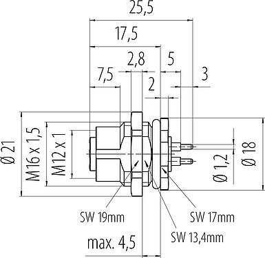 Dibujo a escala M12 Toma de brida, Número de contactos: 4, sin blindaje, THT, IP68, UL 2238, M16x1,5, Montaje en pared, moldeado