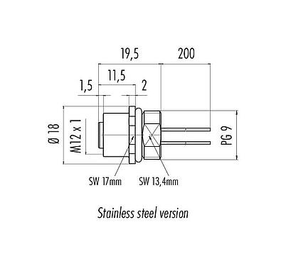 Scale drawing M12 Female panel mount connector, Contacts: 8, unshielded, single wires, IP68, UL 2238, PG 9, Front mounting, stainless steel, potted