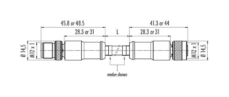 Scale drawing M12 Connecting cable male cable connector - female cable connector, Contacts: 4, shielded, moulded on the cable, IP67, UL, Profinet/Ethernet CAT5e, PUR, green, 4 x AWG 22, 0.3 m