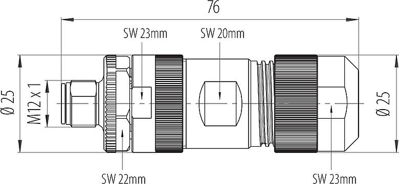 Dessin coté M12 Connecteur mâle, Contacts: 4+FE, 8,0-13,0 mm, non blindé, pince à visser, IP67, M12x1,0, UL 2237 en préparation, avec connexion PE