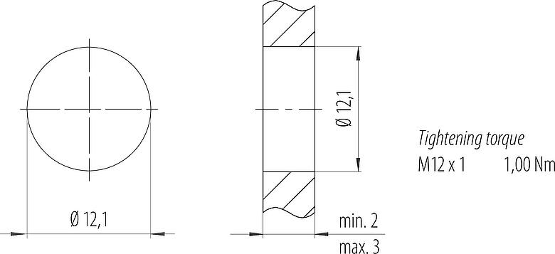Muestra de montaje M12 Toma de brida, Número de contactos: 5, blindable, THR, IP68, UL 2238, M12x1,0, Montaje en pared
