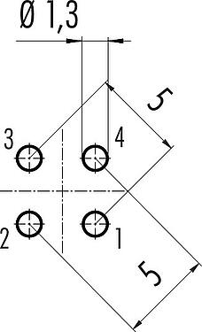 Conductor layout M12 Male receptacle, Contacts: 4, unshielded, THT, IP67