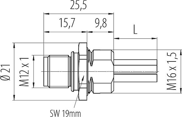 Dessin coté M12 Embase mâle, Contacts: 4+FE, non blindé, fils, IP68, M16x1,5, Montage frontal, UL 2237 en préparation