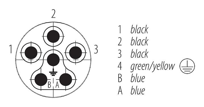 Contact arrangement (Plug-in side) Bayonet Male panel mount connector, Contacts: 6, unshielded, single wires, IP66/IP67, UL 2237, M20x1.5, Front mounting