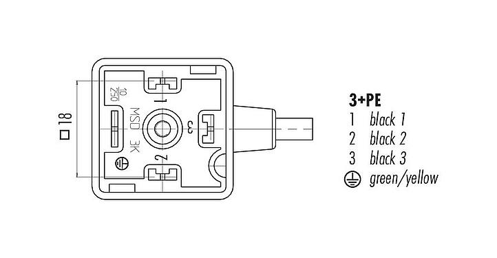 Contact arrangement (Plug-in side) Female solenoid valve connector, Contacts: 3+PE, unshielded, moulded on the cable, IP67, PUR, black, 3 m
