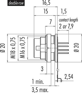Scale drawing M16 Male panel mount connector, Contacts: 12 (12-a), unshielded, THT, IP67, M18x0,75, Rear mounting