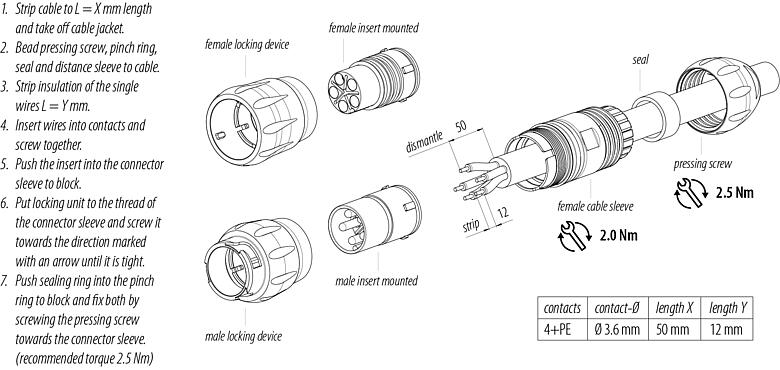 Instrucción de montaje Bayoneta Conector de cable macho, Número de contactos: 4+PE, sin blindaje, tornillo extraíble, IP67, UL 2238 (en preparación), UV-Beständig