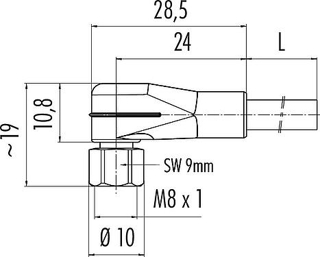 Scale drawing M8 Female angled connector, Contacts: 3, unshielded, moulded on the cable, IP67/IP69K, UL 2238, PVC, grey, 3 x 0.34 mm², stainless steel, 5 m