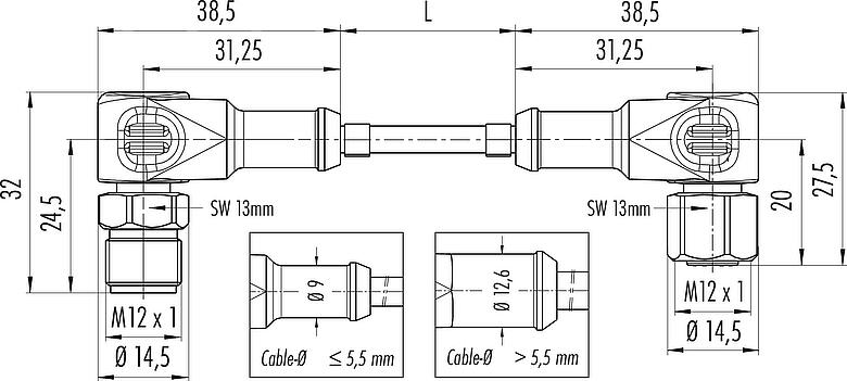 Dibujo a escala M12 Cable de conexión conector macho en ángulo - conector hembra en ángulo, Número de contactos: 8, sin blindaje, moldeado en el cable, IP67/IP69K, Ecolab, Conforme a la FDA, TPE especial, gris, 8 x 0,25 mm², Industria alimentaria, Acero inoxidable, 5 m