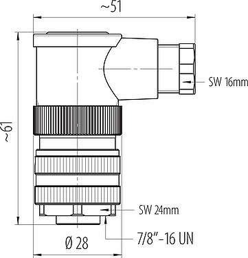 Dibujo a escala 7/8" Conector hembra en ángulo, Número de contactos: 2+PE, 6,0-8,0 mm, sin blindaje, tornillo extraíble, IP67, UL 2238, VDE