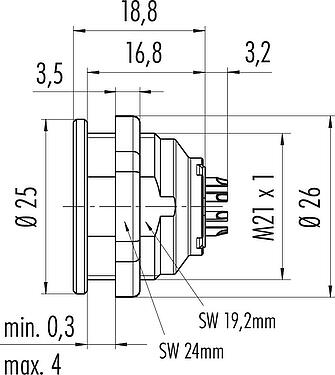 Scale drawing Push Pull Female panel mount connector, Contacts: 19, shieldable, solder, IP67, M21x1,0, Front mounting