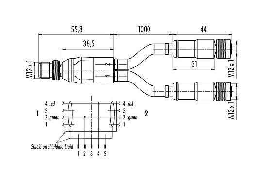 Scale drawing M12 Male cable splitter - 2 female cable connectors, Contacts: 2, shielded, moulded on the cable, IP67, Profibus, PUR, violet, 2 x 0.25 mm², 2 m