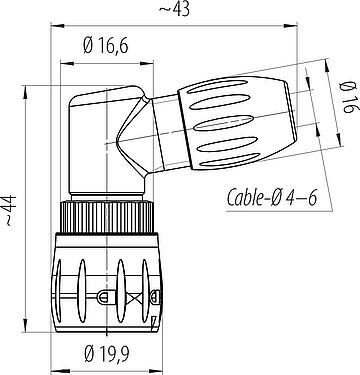 Dibujo a escala Bayoneta Conector macho en ángulo, Número de contactos: 8, 4,0-6,0 mm, sin blindaje, soldadura, IP67