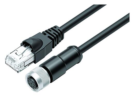 Ilustración M12/RJ45 Cable de conexión conector de cable hembra - conector RJ45, Número de contactos: 8, blindado, moldeado/engarzado, IP67, Ethernet CAT5e, TPE, negro, 4 x 2 x AWG 24, 2 m