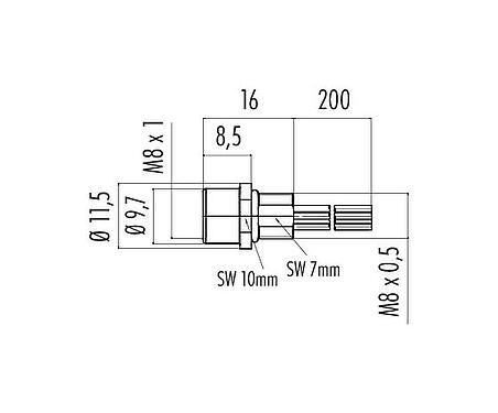 Dibujo a escala M8 Toma de brida, Número de contactos: 3, sin blindaje, hilos, IP67/IP69K, UL 2238, M8x0,5, Montaje frontal, moldeado