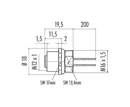 Scale drawing M12 Female panel mount connector, Contacts: 8, unshielded, single wires, IP67, UL 2238, M16x1.5, Front mounting