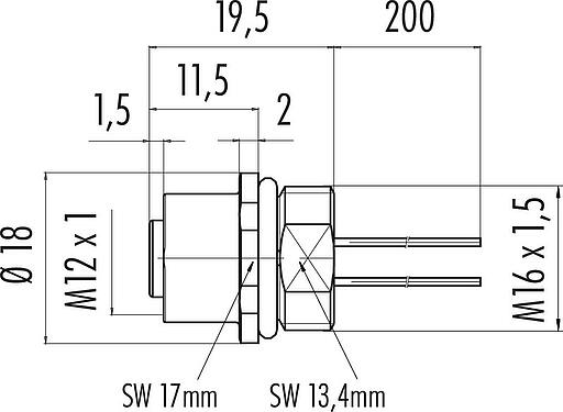 Dessin coté M12 Embase femelle, Contacts: 12, non blindé, fils, IP67, UL 2238, M16x1,5, Montage frontal, coulé