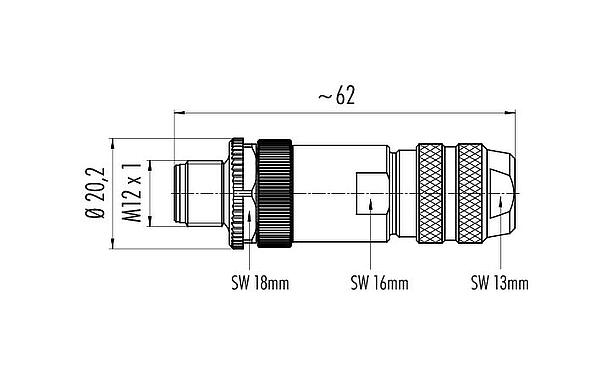 Scale drawing M12 Male cable connector, Contacts: 4, 6.0-8.0 mm, shieldable, wire clamp, IP67, M12x1.0