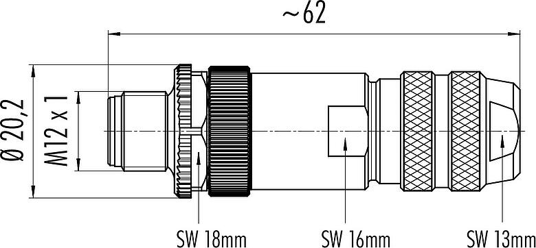 Scale drawing M12 Male cable connector, Contacts: 4, 6.0-8.0 mm, shieldable, wire clamp, IP67, M12x1.0