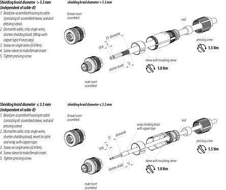 Assembly instructions M12 Male cable connector, Contacts: 4, 6.0-8.0 mm, shieldable, wire clamp, IP67, M12x1.0