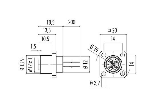 Dessin coté M12 Embase femelle, carré, Contacts: 12, non blindé, fils, IP40, UL 2238, M3 (4x), Montage frontal, coulé