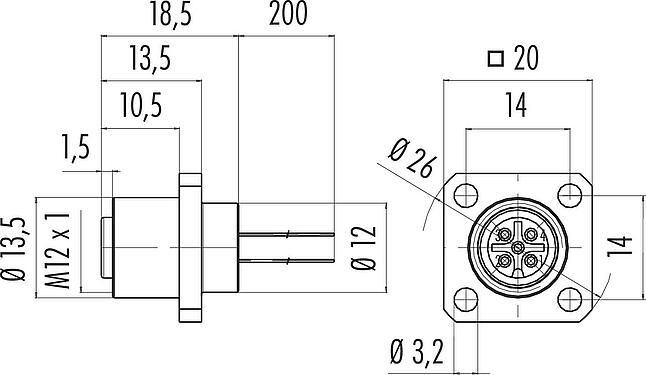 Dibujo a escala M12 Conector hembra cuadrado de montaje en panel, Número de contactos: 5, sin blindaje, hilos, IP40, UL 2238, M3 (4x), Montaje frontal, moldeado