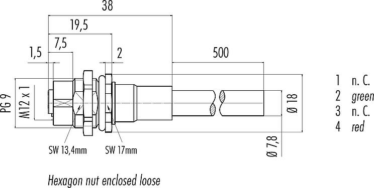 Dibujo a escala M12 Toma de brida, Número de contactos: 2, blindado, con cables ensamblado, IP68, PG 9, Profibus, PUR, morado, 1 x 2 x 0,25 mm², Montaje en pared, 0,5 m