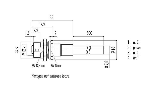 Scale drawing M12 Female panel mount connector, Contacts: 2, shielded, with cable assembled, IP68, PG 9, Profibus, PUR, violet, 1 x 2 x 0.25 mm², Rear mounting, 0.5 m