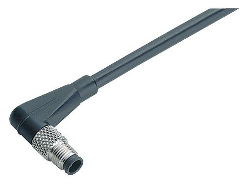 Illustration M5 Male angled connector, Contacts: 3, unshielded, moulded on the cable, IP67, UL 2238, M5x0.5, PUR, black, 3 x 0.14 mm², 5 m