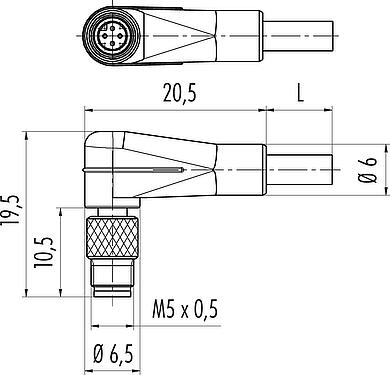 Dibujo a escala M5 Conector macho en ángulo, Número de contactos: 3, sin blindaje, moldeado en el cable, IP67, UL 2238, M5x0,5, PUR, negro, 3 x 0,14 mm², 5 m