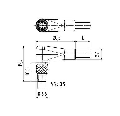 Scale drawing M5 Male angled connector, Contacts: 3, unshielded, moulded on the cable, IP67, UL 2238, M5x0.5, PUR, black, 3 x 0.14 mm², 5 m