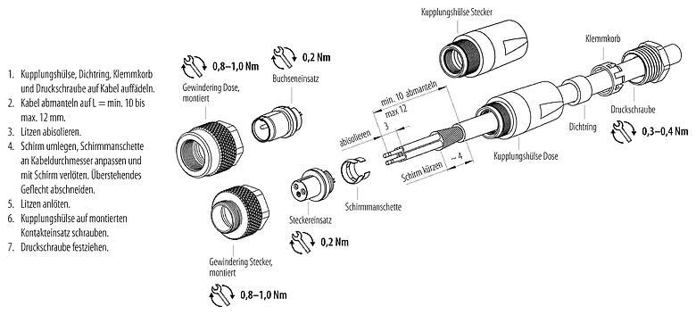 Assembly instructions M9 Male cable connector, Contacts: 3, 3.5-5.0 mm, shieldable, solder, IP67, with shielding cuff