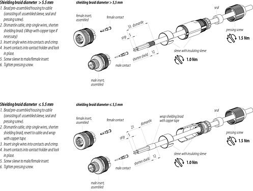 Assembly instructions M12 Male cable connector, Contacts: 4, 5.0-8.0 mm, shieldable, crimping (Crimp contacts must be ordered separately), IP67