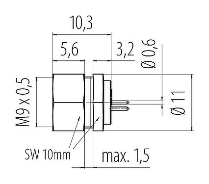 Scale drawing M9 Female panel mount connector, Contacts: 2, unshielded, THT, IP40, M9x0,5, Front mounting