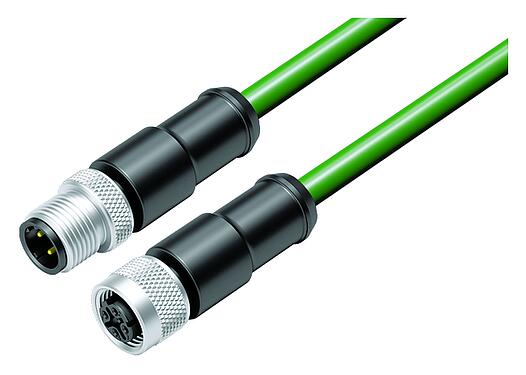 Illustration M12 Connecting cable male cable connector - female cable connector, Contacts: 4, shielded, moulded on the cable, IP67, UL, Profinet/Ethernet CAT5e, PUR, green, 4 x AWG 22, 0.3 m