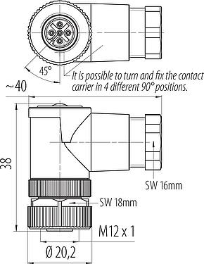 Scale drawing M12 Female angled connector, Contacts: 5, 6.0-8.0 mm, unshielded, wire clamp, IP67