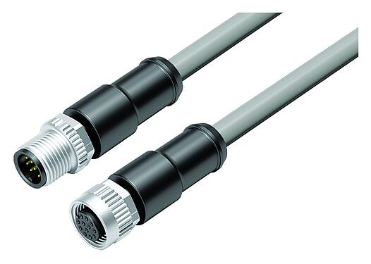 Illustration M12 Connecting cable male cable connector - female cable connector, Contacts: 12, unshielded, moulded on the cable, IP67/IP69K, UL 2238, PVC, grey, 12 x 0.25 mm², 1 m