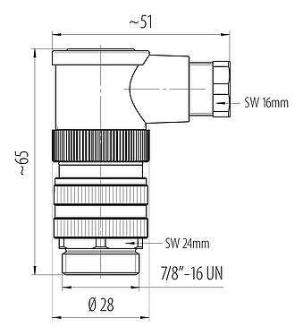 Dessin coté 7/8" Connecteur mâle coudé, Contacts: 4+PE, 6,0-8,0 mm, non blindé, pince à visser, IP67, UL 2238, VDE