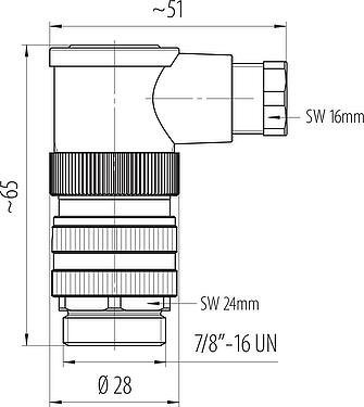 Dibujo a escala 7/8" Conector macho en ángulo, Número de contactos: 2+PE, 6,0-8,0 mm, sin blindaje, tornillo extraíble, IP67, UL 2238, VDE