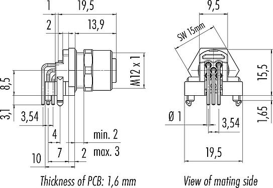 Dibujo a escala M12 Toma de ángulo brida, Número de contactos: 5, sin blindaje, THR, IP68, UL 2238, Montaje frontal, para montaje de PCB